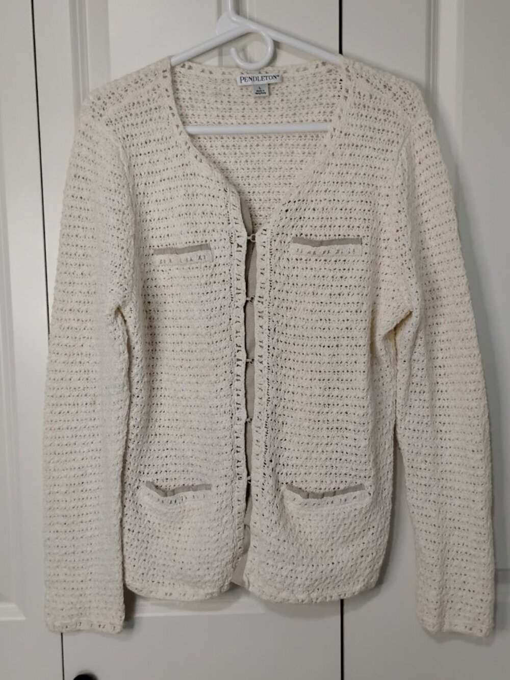 Pendleton Vintage Women's Ivory Long Sleeve Crochet Knit Cardigan Sweater Size L